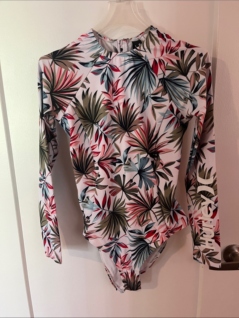 Hurley White Long-Sleeve One-Piece Swimsuit with Green and Pink Tropical Leaves